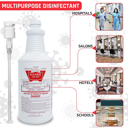 Lucasol One Step Disinfectant, 1 Quart (32 Ounce) All Purpose Cleaner Spray & Dispenser Pump Combo for Hospitals,
