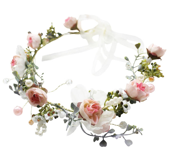 Vivivalue Floral Halo Boho Flower Headband, Floral Crown Headpiece for Wedding Party Prom Festival Pink