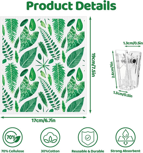 6 Pack Swedish Dishcloths for Kitchen - Green Leave Patterns, Reusable, No Odor, with Adhesive Clips