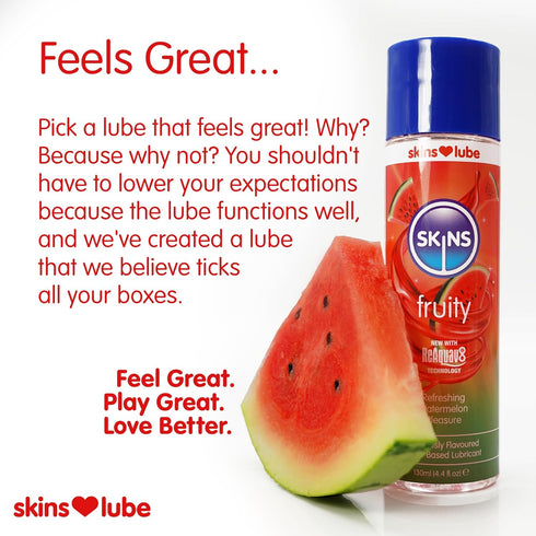 Reaquav8 4.4 Oz (130ml) Skins Watermelon Flavoured Water Based Condom Compatible Lubricant with Technology Fl