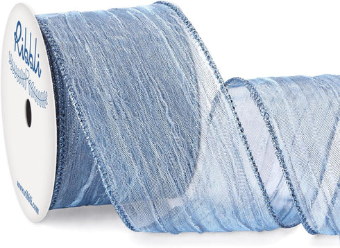 Ribbli Dusty Blue Crinkled Wired Ribbon, 2.5 Inch with Metallic Wavy for Christmas Tree Topper, Gift Wrapping