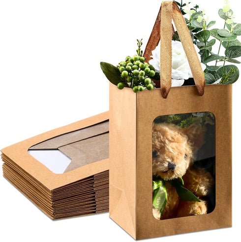Yexiya 15 Pcs Kraft Paper Gift Bags with Clear Window, 7 x 5 x 10 Inch Transparent Flower Bouquet Bags for Festivals