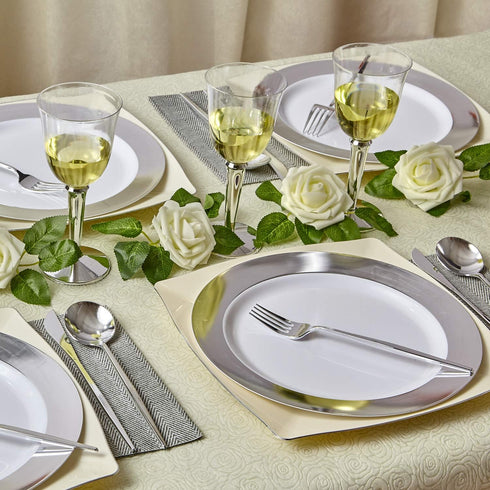 SILVER SPOONS Elegant Disposable Plates For Party - (10 pc) Heavy Duty Disposable Salad plates 9”, Fine Plastic Dishes for Elegant China Look, Great Upscale Celebrations & Events - Ritz - Silver by Silver Spoons