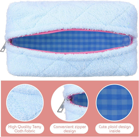 LEIFIDE 4 Pcs Quilted Makeup Bag Pouch - Checkered Cotton Terry Cloth Toiletry Organizer for Women, 4 Colors