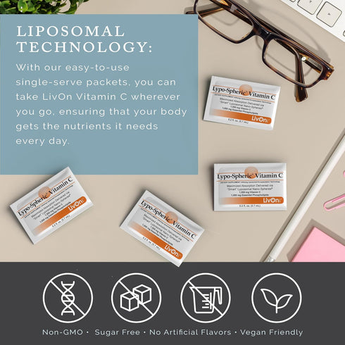 LivOn Laboratories Lypo–Spheric Liposomal Vitamin C 1000mg 30 Packets - No Sugar, Plant Based, Immune Support