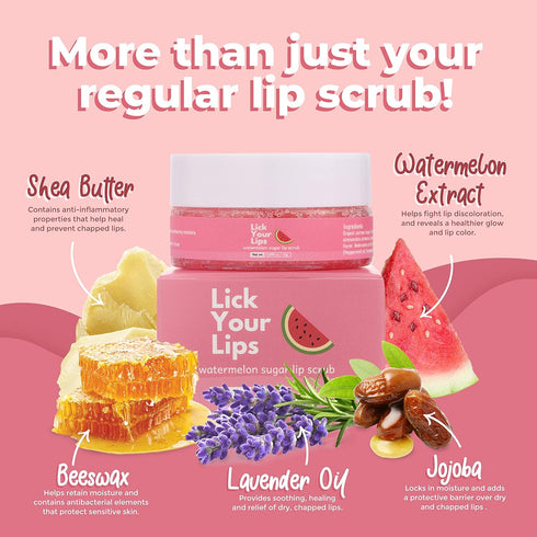 Watermelon Sugar Lip Scrub for Dry, Cracked and Dark Lips by Lick Your Lips – Organic Lip Scrubs Exfoliator and Moisturizer with Lip Brush – Vegan, Cruelty-Free Lip Care Product (20g)