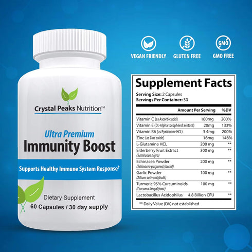 Immune Support Capsules with Elderberry, Vitamin C, Echinacea, Garlic, Zinc, Turmeric - 60 Vegan Capsules