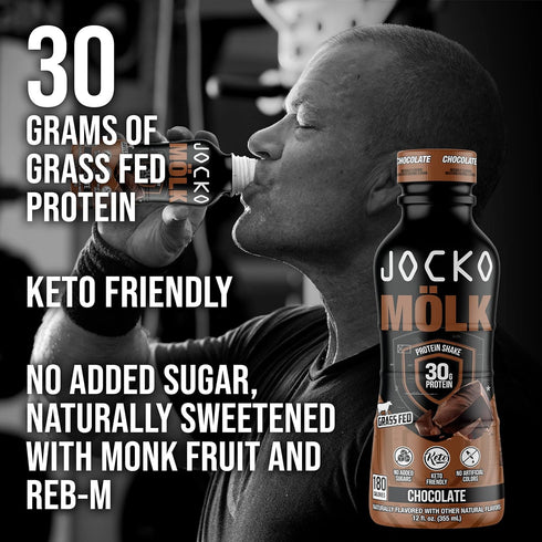 Jocko Moelk 30g Grass Fed Protein Shakes, Chocolate, 12 FL Oz, KETO Friendly, No Added Sugar