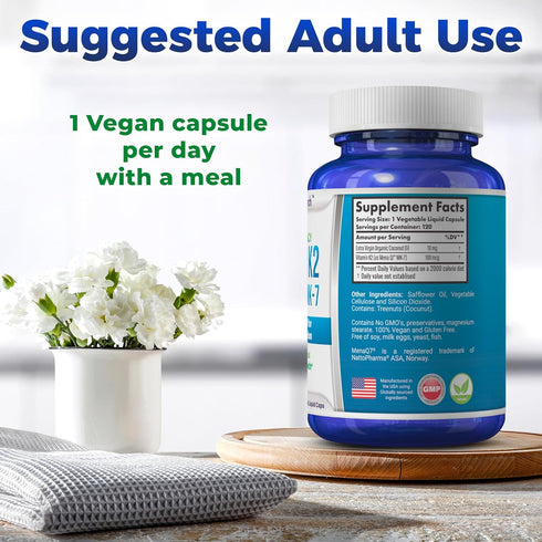 Vitamin K2 MK7 (MenaQ7) 100 mcg with Coconut Oil - Dietary Health Supplement, 120 Vegan Liquid Capsules
