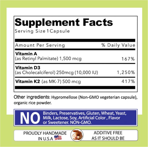 Our Daily Vites ADK 10 Double Strength Vitamins A1, D3 & K2, Gluten Free Immune Support Supplement, 90 Capsules