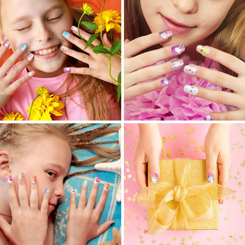 JANYUN 48 Pcs Stick on Nails for Kids - Fake Nails for Girls, Lovely Children Gift Nail Art Decoration