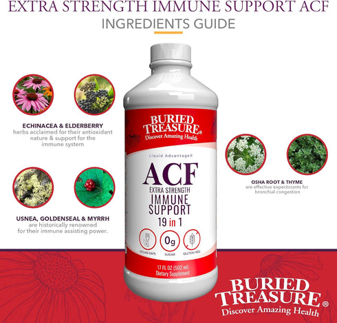Buried Treasure ACF Extra Strength Immune Support, 16oz with Dose Cup, Vitamins and Herbs for Dietary Immunity Boost