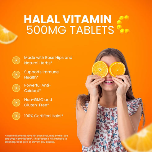 Halal Vitamin C 500mg Tablets with Rose Hips - Natural Antioxidant, Supports Immune System, Vegan, Gluten-Free, 2