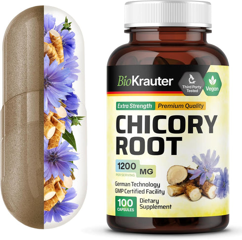 BIO KRAUTER Chicory Fiber Supplement - 1200 mg Strength, 100 Count Inulin Capsules for Digestive Support