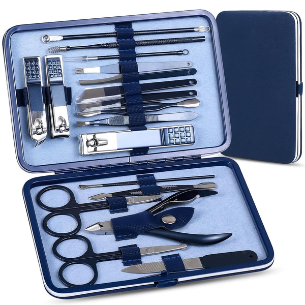 Manicure Set Pedicure Kit, Nail Clippers Set with 18 Pieces Grooming Tools for Women and Men, Fine Case (Dark Blue)