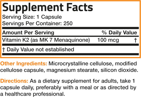 K2 MK-7 100 250 Bronson Vitamin as Menaquinone mcg Non-GMO, Capsules