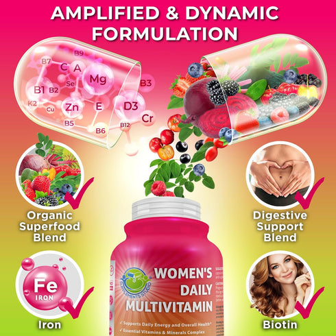 Women's Daily Multivitamin with Iron - Vegan Methylated Multivitamin for Women with Biotin, Organic Superfoods