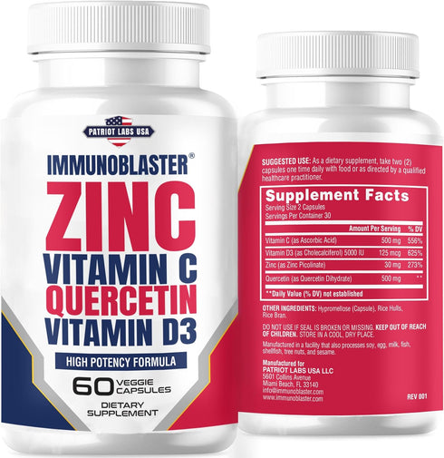 ImmunoBlaster Zinc Quercetin 500mg with Vitamin D and C, Antioxidant Immune Support Supplement for Men and Women - 60