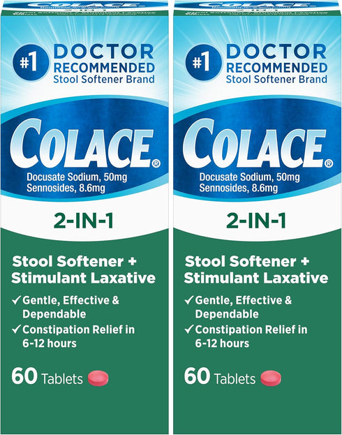 Colace 2-in-1 Stool Softener Plus Stimulant Laxative - Gentle Effective Constipation Relief, Docusate Sodium Plus