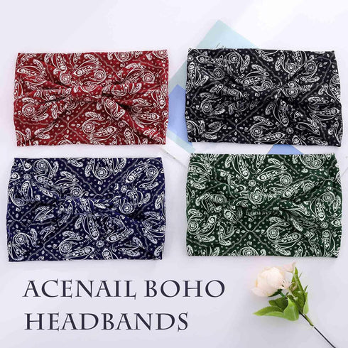 Wide Headbands for Women - Boho Turban Knotted Floral Elastic Non Slip Hairband Workout Yoga Head Scarfs 4Pcs
