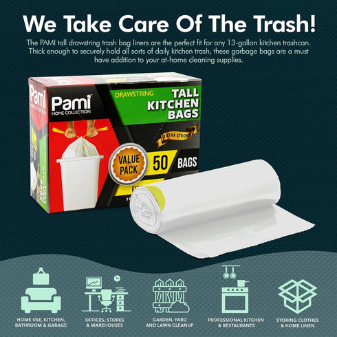 PAMI 13-Gallon Tall Kitchen Drawstring Trash Bags, 50-Pack, White, Extra-Strong Plastic Liners for Kitchen