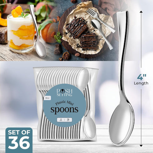 36 Ct Silver Mini Dessert Spoons, 4 Inch Disposable Tiny Silver Spoons for Appetizers Tasting