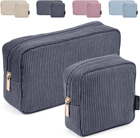 MAGEFY 2 Pcs Corduroy Makeup Bag Set, Mini Big Travel Pouch with Slip-in Pockets, Eco-Friendly, Black