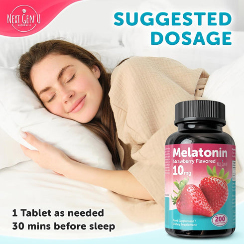 NGU Next Gen U 10 200 Melatonin Tablets - mg Dietary Supplement - Strawberry Flavored - Vegan Tablets - by NextGenU
