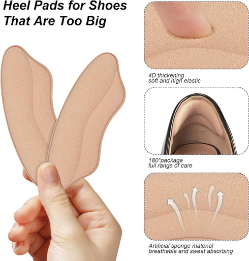 Heel Pads for Shoes That are Too Big, 4 Pairs Foamed Cotton Heel Cushions for Pain Relief & Tighter Fit