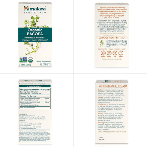 Himalaya Organic Bacopa Monnieri Nootropic Herbal Supplement, 750 mg, 60 Plant-Based Caplets