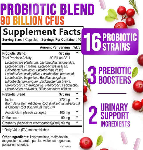 Probiotics for Women with Prebiotics - Women's Probiotic Blend Formulated for Digestive, Vaginal PH, Urinary & Immune Health Support, 90 Billion CFU, 16 Strains, Cranberry & D-Mannose - 120 Capsules