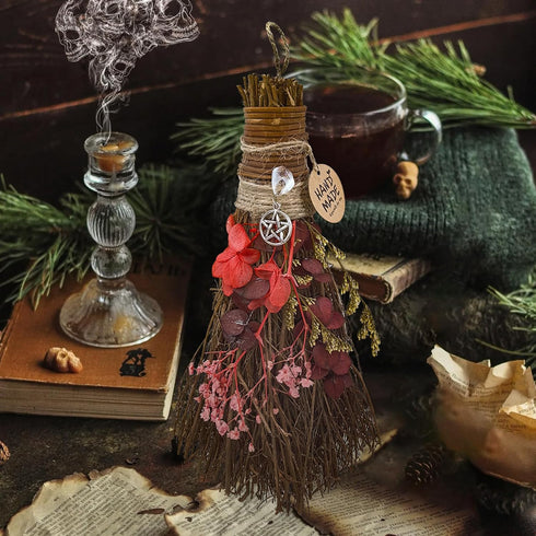 Handmade Cinnamon Broom 7.5" Witches Broom for Altar, Scented Herbal Protection Mini Broom, Fall Halloween Decor (Red)