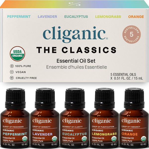 Cliganic Organic Essential Oils Set (Top 5 x 15ml) - 100% Pure