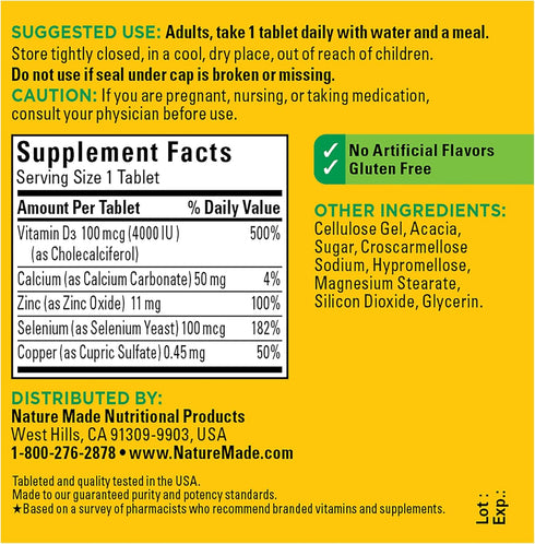 Nature Made Super Vitamin D Immune Complex, 70 Tablets, Vitamin D3, Selenium, Copper, and Zinc Supplements