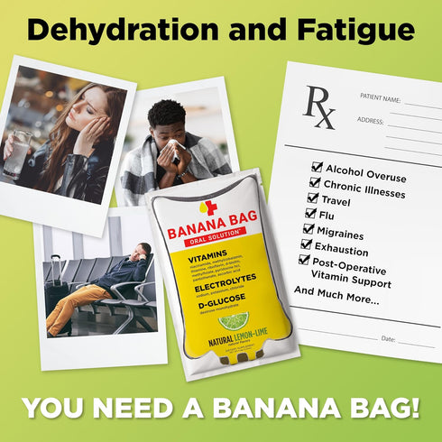 Banana Bag Oral Solution - Hydration Recovery Formula - Electrolyte & Vitamin Powder Drink Mix - Natural Lemon Lime -