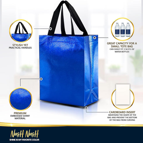 Nush Nush Blue Gift Bags: Medium Size Set of 12 Shiny Reusable Bags with Handles for Goodie, Birthday, Party Favors