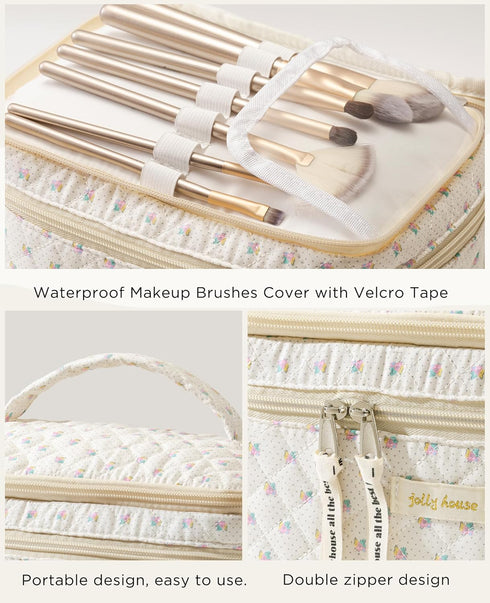 HBselect 2Pcs Double Layer Travel Makeup Bag, Large Cotton Quilted Makeup Bag, Aesthetic Cute Kawaii Cherry Design