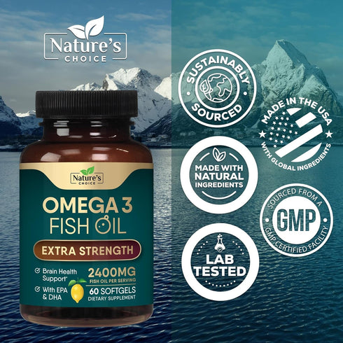 Triple Strength Omega 3 Fish Oil, 2400 mg Supplement - 60 Softgels for Brain & Heart Health Support