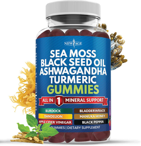 Sea Moss Gummies, Sea Moss 3000mg, Black Seed 2000mg, Ashwagandha 1000mg, Turmeric, Manuka Honey, ACV, Dandelion, Black
