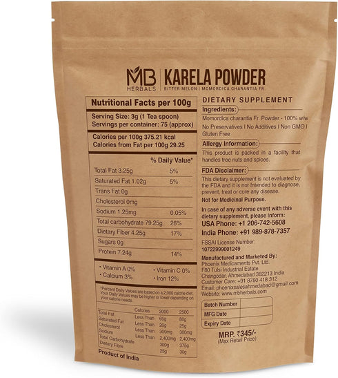MB Herbals De-Seeded Karela Powder 8 oz / 227 Gram (0.5 lb) | 100% Pure Bitter Melon Powder | Momordica charantia Fr. | No Preservatives Non GMO Gluten Free