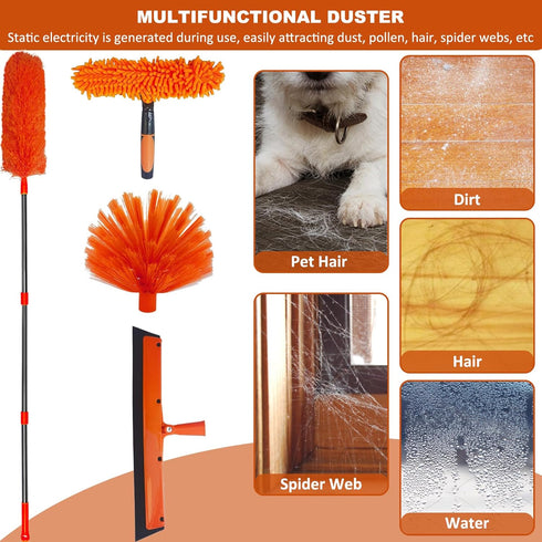 20+ Feet High Reach Duster Kit with 3-14 ft Extension Pole, Window Cleaning Kit with Squeegee, Cobweb Duster, and