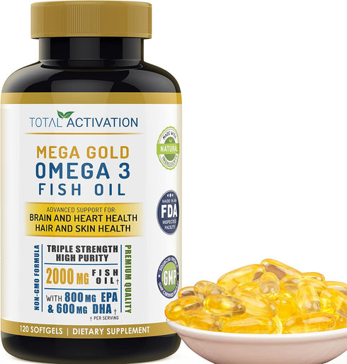 Omega 3 Burpless Max Strength Fish Oil Supplement, 2000 mg with Vitamin E, 120 Small Liquid Softgels