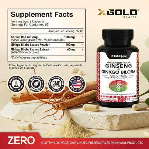Korean Red Panax Ginseng 1200mg + Ginkgo Biloba Extra Strength Vegan Capsules for Energy, Performance & Focus