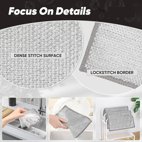 Usoyuso 12 Pcs Multipurpose Wire Dishwashing Rag, Non-Scratch Wire Dish Cleaning Cloths for Wet and Dry, Reusable Steel