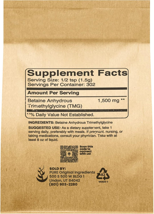 Pure Original Ingredients Trimethylglycine (1lb) TMG Powder, Vegan, Gluten-free