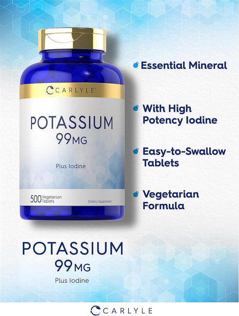 Carlyle Potassium 99mg | Plus Iodine | 500 Vegetarian Tablets | Non-GMO, Gluten Free Supplement