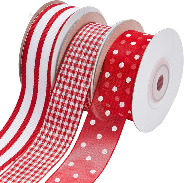 Fabric Ribbons - Red and White Plaid Ribbon for Crafts, 1 Inch Grosgrain Striped Ribbon for Gift Wrapping, 30 Yard