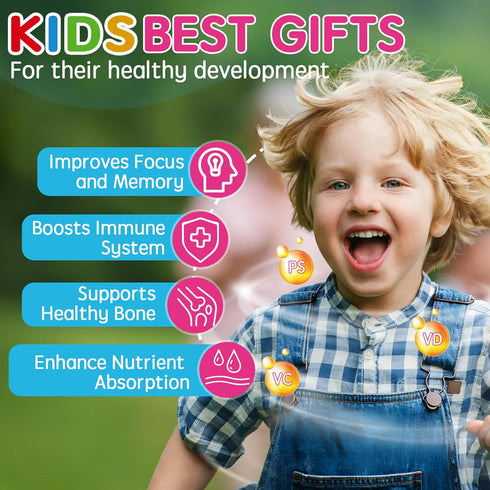 Sugar Free Phosphatidylserine Supplement 100mg, Kids Brain Gummies with Vitamin D3, C for Focus & Memory, 120 Cts