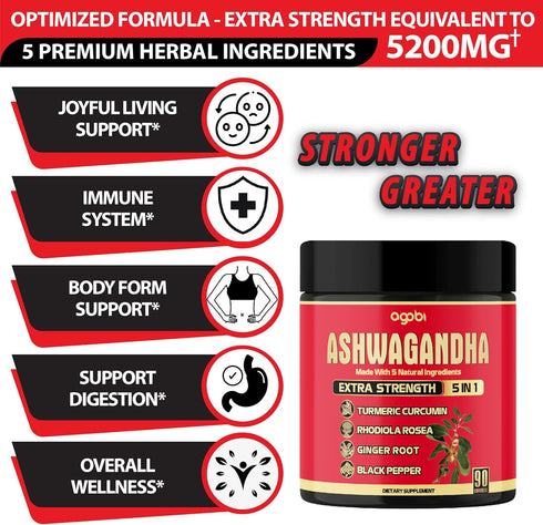12:1 Extract Ashwagandha Capsule Supplement - 90 Counts, 3-Month Supply with Curcumin Turmeric Root & Black Pepper