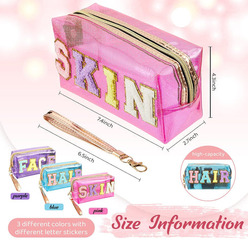 Amylove 3 Pcs Preppy Patch Bag Transparent Makeup Bag Beach Bag Accessories Waterproof Cosmetic Bags Portable Cosmetic Bag Travel Pouch for Women Gift Summer Travel(Skin, Face, Hair)